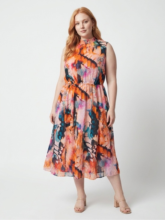 torrid Dresses & Skirts - torrid Multicolor Abstract Sleeveless Midi Dress in Orange, Pink, Blue and Black